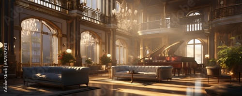 A realistic and well-lit image showcasing the interior of a luxury hotel's lobby without seating, focusing on the vast open space and architectural marvels that define the opulence of the environment.