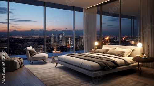  the bedroom of a luxury penthouse, with a king-sized bed, premium bedding, and floor-to-ceiling windows offering stunning views. The room's design exudes tranquility and sophistication.