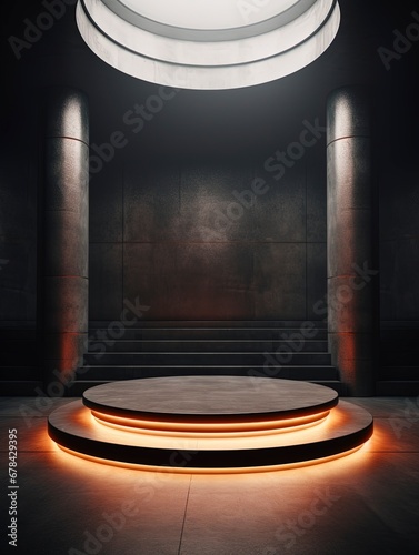 Round podium illuminated by searchlights, COPY SPACE, generative ai