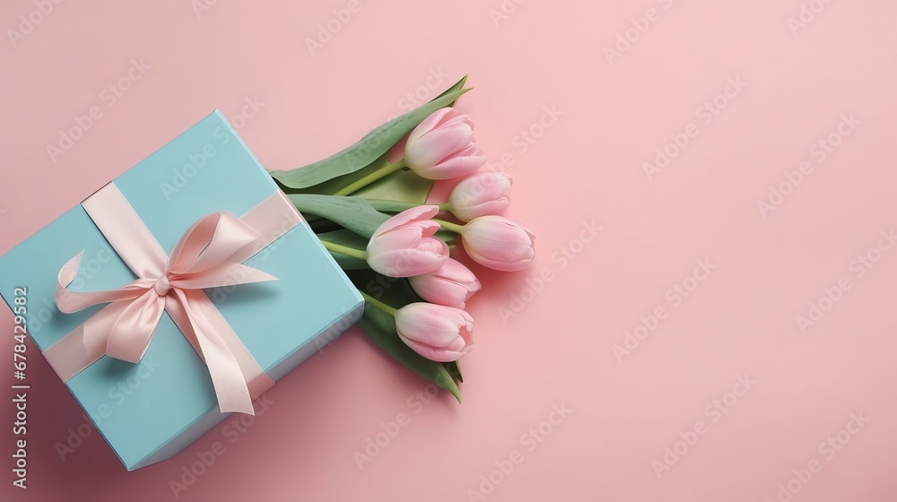 Mother's Day decorations concept. Top view photo of blue giftbox with ribbon bow and bouquet of pink tulips on isolated pastel pink background with copyspace. Holiday web banner. Top view. Tenderness Mother's Day decorations concept. Top view photo of blue giftbox with ribbon bow and bouquet of pink tulips on isolated pastel pink background with copyspace. Holiday web banner. Top view. Tenderness