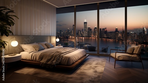 the bedroom of a luxury penthouse  with a king-sized bed  premium bedding  and floor-to-ceiling windows offering stunning views. The room s design exudes tranquility and sophistication.
