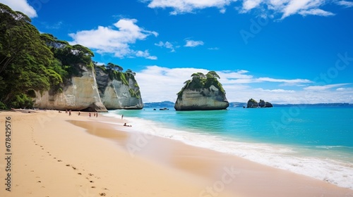 A picturesque and high-quality image of Cathedral Cove beach during a peaceful summer day, where the absence of people allows you to fully appreciate the natural wonder of this stunning location. © ZUBI CREATIONS
