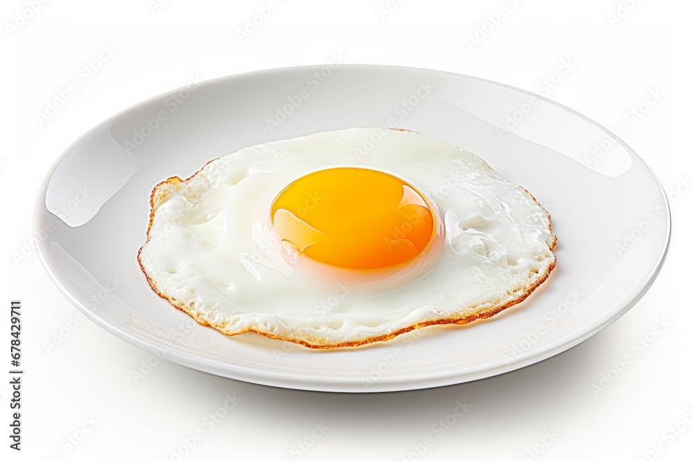 Savory fried egg on white plate, isolated on white background, ideal for culinary designs Savory fried egg on white plate, isolated on white background, ideal for culinary designs