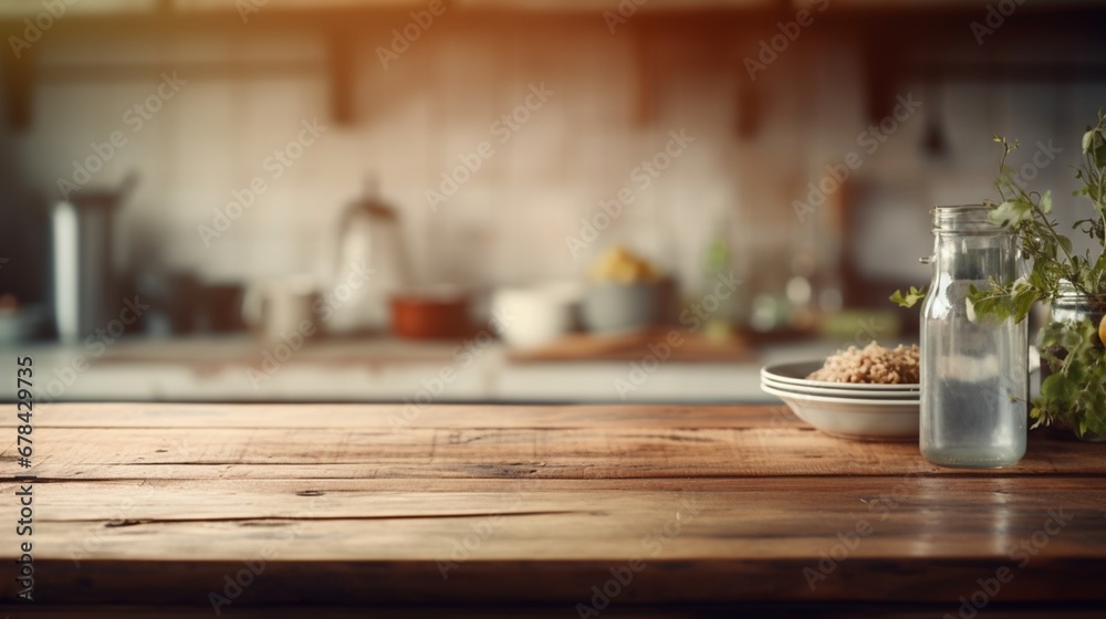 the simplicity of an empty wooden table in a kitchen, with a background softly blurred to emphasize the rustic charm and potential for culinary delights. - obrazy, fototapety, plakaty 
