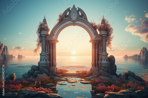 royal arch in river on evening background photo