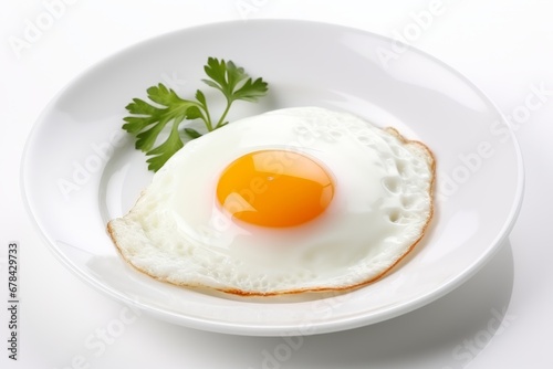 Perfectly cooked fried egg with golden yolk on white plate, isolated on white background photo