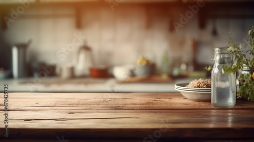 Foto the simplicity of an empty wooden table in a kitchen, with a background softly blurred to emphasize the rustic charm and potential for culinary delights