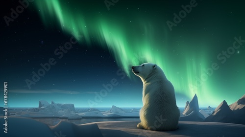 polar bear looking at northern lights 