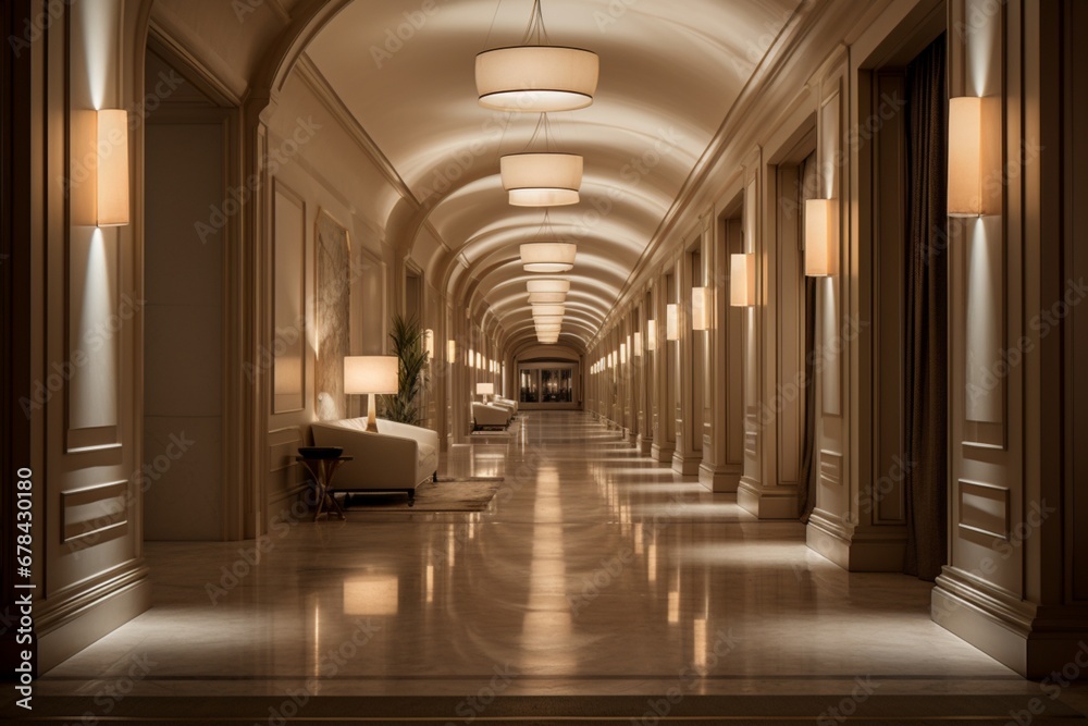 the interior of a luxury hotel corridor, with soft, ambient lighting and a sense of spaciousness. The corridor design combines modern elegance with classic elements.