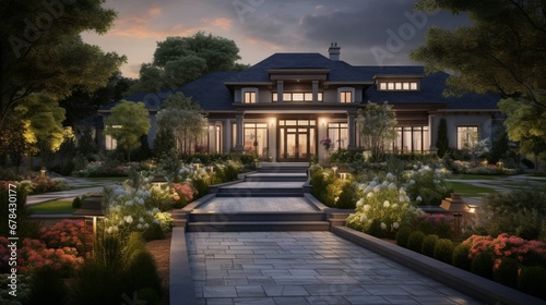  a house with a spacious front yard and a walkway that transforms beautifully from day to night. The composition captures the elegance and functionality of the outdoor space.