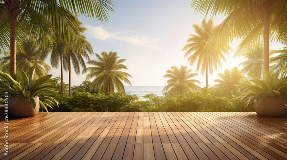 A serene and inviting wooden balcony patio deck with abundant sunlight, offering a breathtaking panorama of swaying coconut trees. - obrazy, fototapety, plakaty 