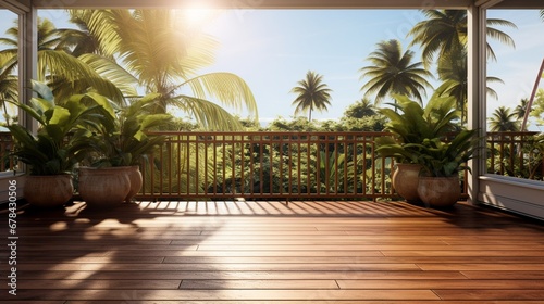 A serene and inviting wooden balcony patio deck with abundant sunlight, © ZUBI CREATIONS