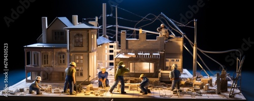 miniature construction scene, where miniature workers are using tiny tools to construct a house on a blueprint.