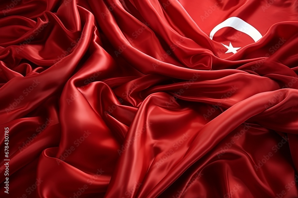 Fototapeta premium Waving turkish flag on independence day with fabric texture background, copy space available