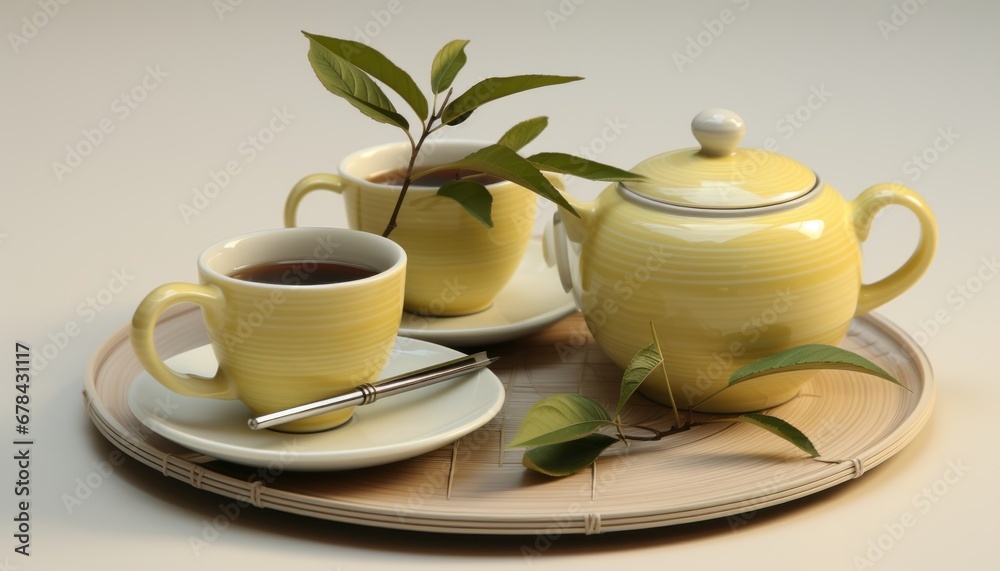 Elegant asian tea set with two white cups, teapot, chopsticks, and bamboo mat on white background Elegant asian tea set with two white cups, teapot, chopsticks, and bamboo mat on white background