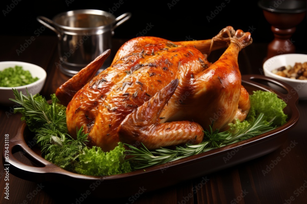 Succulent roast chicken sizzling in a stainless steel pan, creating a mouthwatering aroma Succulent roast chicken sizzling in a stainless steel pan, creating a mouthwatering aroma