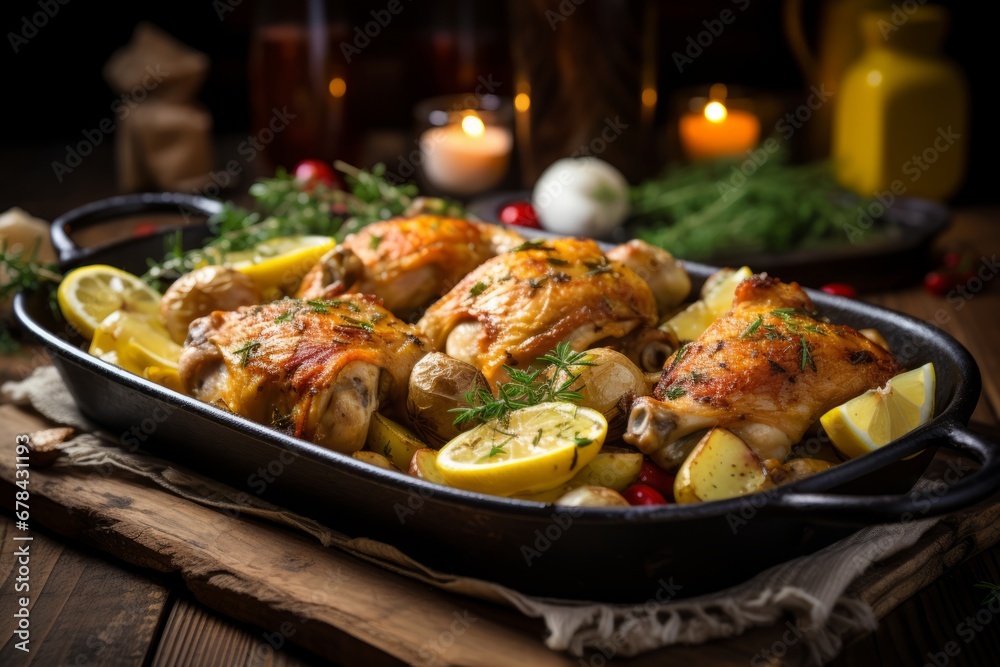 Tempting and appetizing roast chicken being expertly cooked to perfection in a sizzling pan Tempting and appetizing roast chicken being expertly cooked to perfection in a sizzling pan