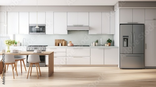 A realistic and well-lit image showcasing the details of a modern kitchen setting, including countertops, appliances, and an empty space intentionally left for text placement.