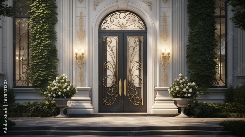 the details of a modern designer entrance door, complemented by the opulence of the house's exterior and the natural beauty of the garden in the background.