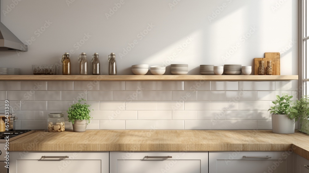 A realistic and well-lit image showcasing the details of a modern kitchen setting, including countertops, appliances, and an empty space intentionally left for text placement. - obrazy, fototapety, plakaty 
