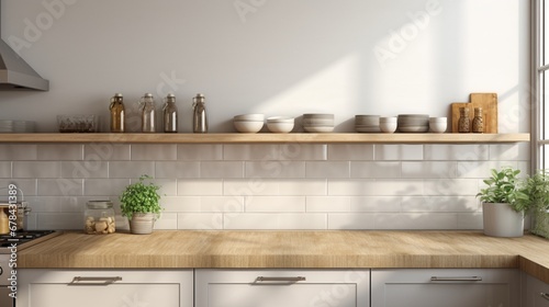 A realistic and well-lit image showcasing the details of a modern kitchen setting, including countertops, appliances, and an empty space intentionally left for text placement. photo