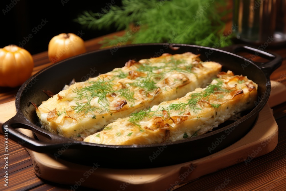 Deliciously roasted fish in a sizzling pan, served with fragrant herbs and zesty lemon Deliciously roasted fish in a sizzling pan, served with fragrant herbs and zesty lemon