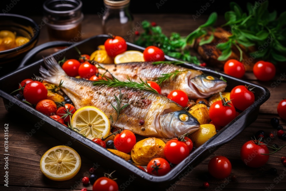 Savory and succulent roasted fish in a pan a perfectly seared dish for seafood lovers Savory and succulent roasted fish in a pan a perfectly seared dish for seafood lovers