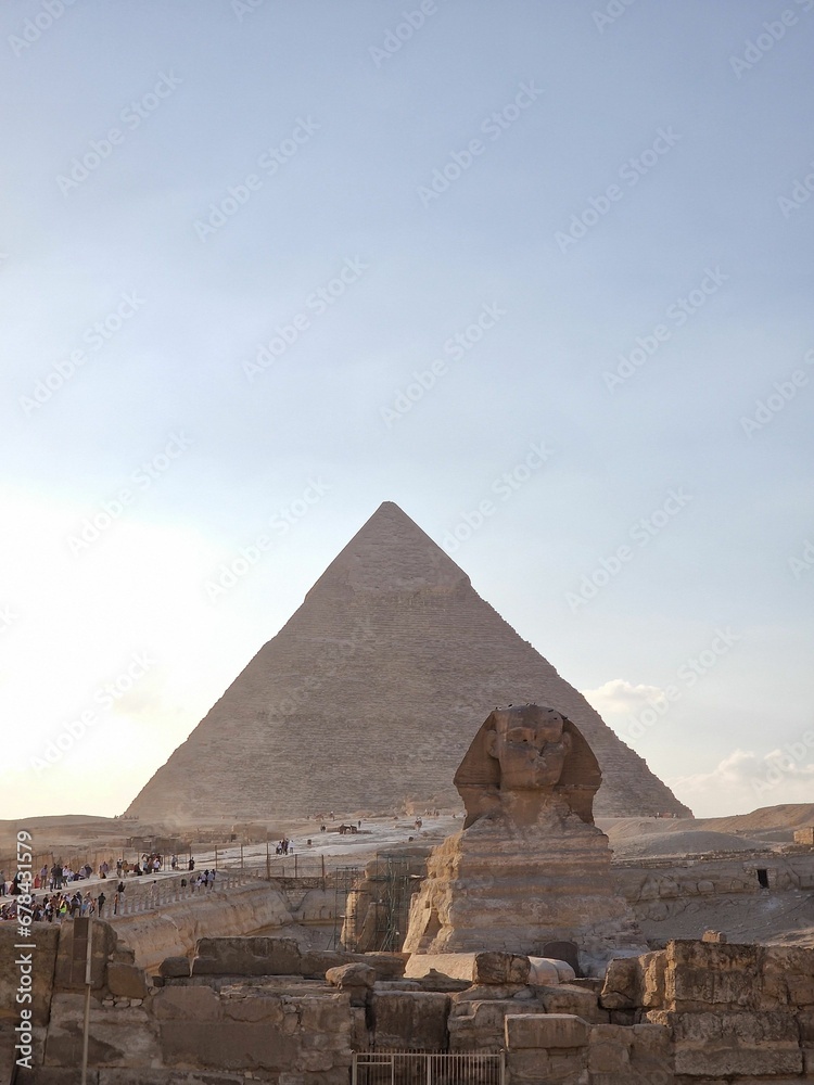 Vertical shot of the Great Sphinx of Giza at the pyramid