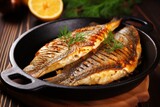 Exquisite roasted fish with a tantalizingly crispy texture, expertly cooked in a sizzling pan