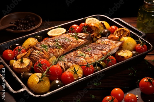 Mouthwatering roasted fish with a delectably crispy golden crust  expertly cooked in a sizzling pan
