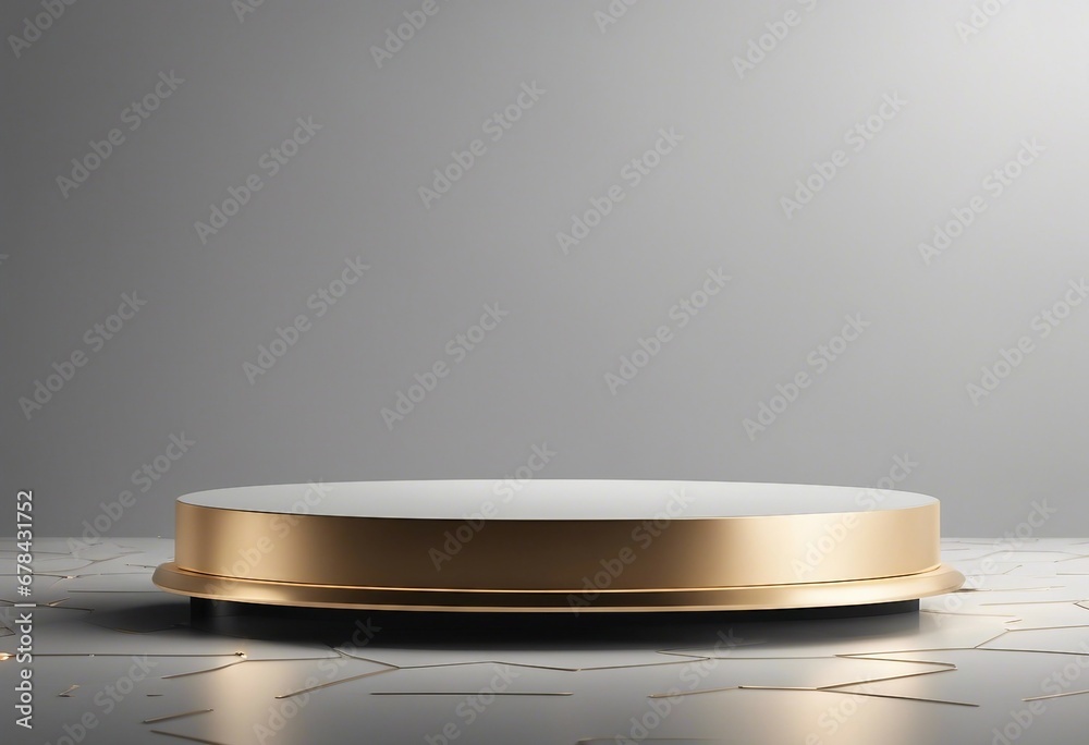 Gold pedestal podium on grey background. Beauty product promotion platform display mockup Gold pedestal podium on grey background. Beauty product promotion platform display mockup