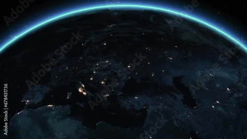 Animation of Planet Earth Seen from Space with city lights.  Power Outage, Blackout in Europe Turning Lights Off. 