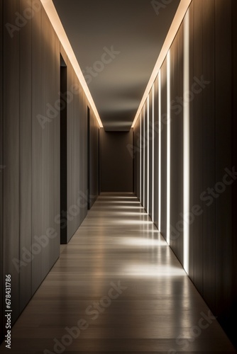 a corridor, highlighting the interplay of light and shadow on the walls and floor. The minimalist design and selective use of lighting create a captivating atmosphere.