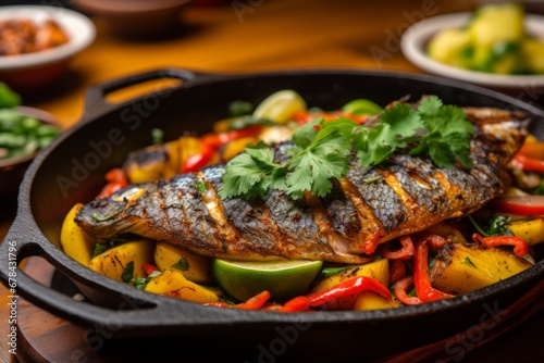 Delectable roasted fish, seasoned to perfection, sizzling in a pan, ready to be savored and enjoyed