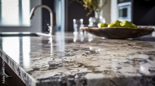 a marble granite kitchen counter island, highlighting the intricate veining and details of the stone surface.