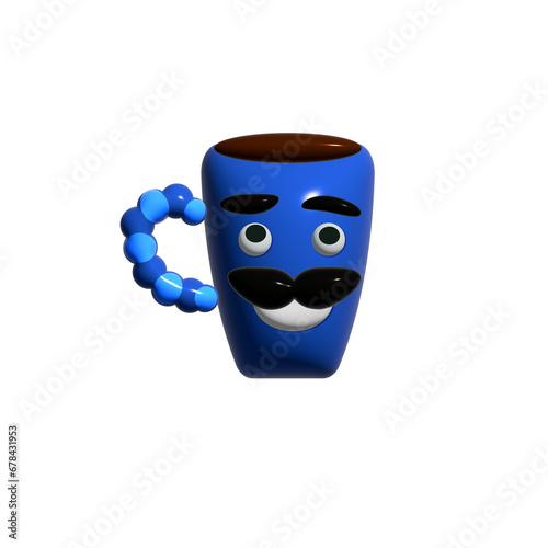 A cheerful blue coffee mug with mustaches
