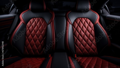Front view of red leather back passenger seats in modern luxury car with sleek design photo