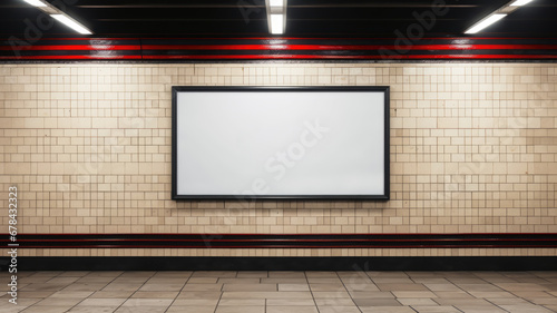 Blank billboard in subway, white poster mockup on tiled wall. Empty banner for advertising in metro hallway. Concept of frame, background, underground, template, mock up