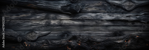 Burned wood texture background, banner with charred black timber. Abstract pattern of dark burnt scorched tree. Concept of charcoal, coal, grill, embers, fire, firewood, barbecue photo