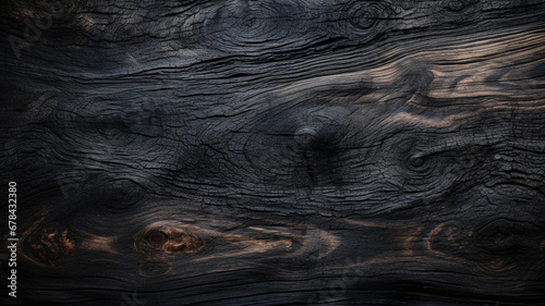 Burned wood texture background, charred black timber close-up. Abstract pattern of dark burnt scorched tree. Concept of charcoal, coal, grill, embers, wallpaper, firewood, barbecue