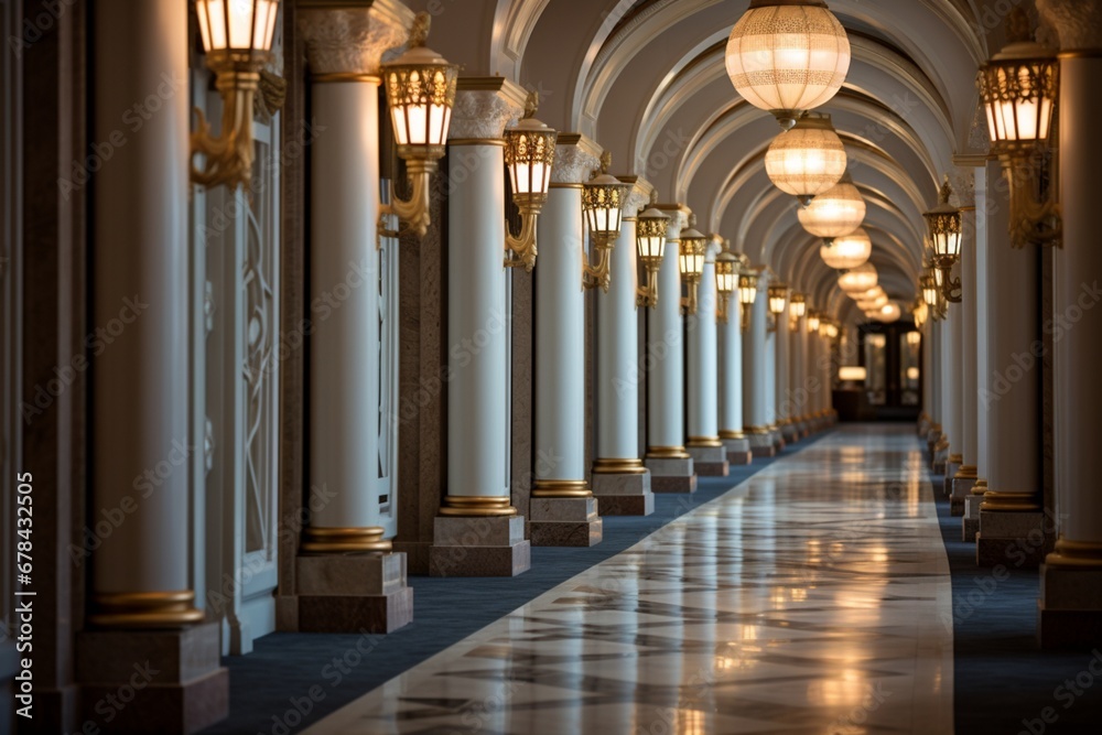 a hotel corridor, highlighting the architectural details, such as decorative columns and ornate sconces, that contribute to its luxurious and inviting atmosphere.
