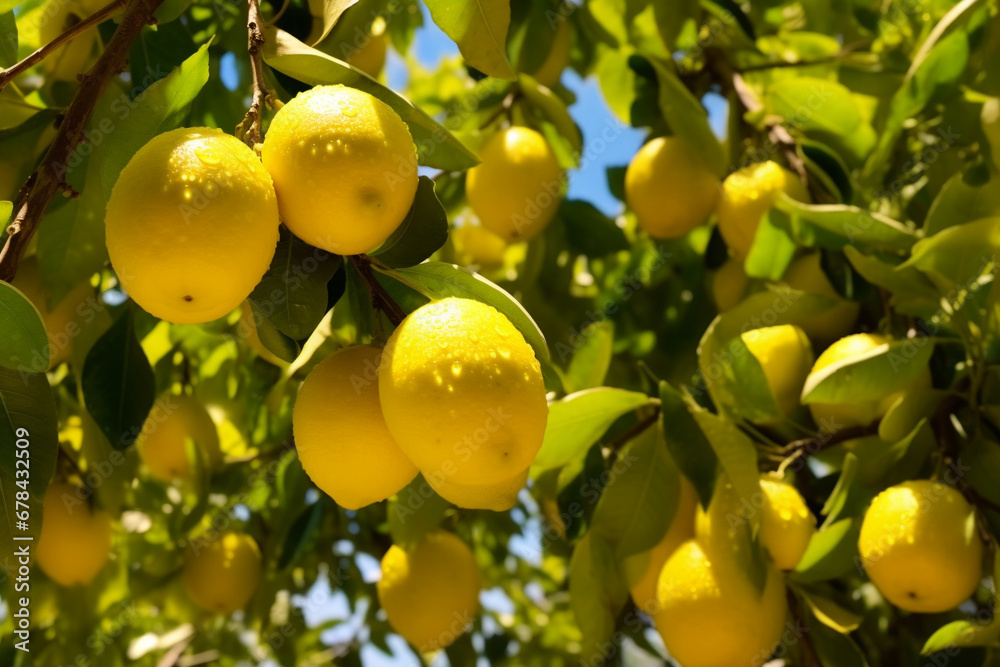 Lemons hanging on tree fresh in sunlight, Generative AI