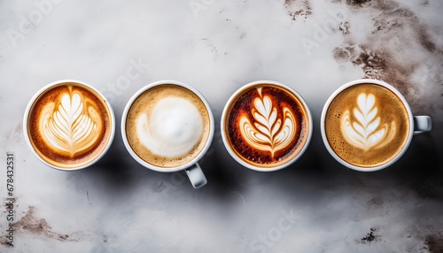 Variety of coffee mugs in different shapes and sizes placed on a white stone table top view