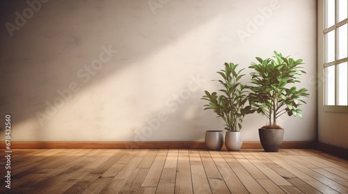 an empty modern contemporary loft room with a wooden floor, beautifully decorated with green potted plants.