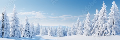 Enchanting winter panorama with snowy fir branches and delicate snowfall creating a magical ambiance