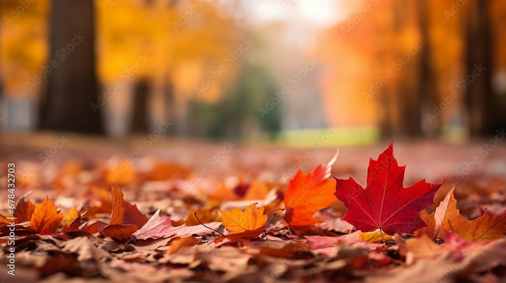 the rich and vibrant colors of autumn foliage in a park, with leaves gracefully falling to the ground, forming a captivating and high-quality natural background.