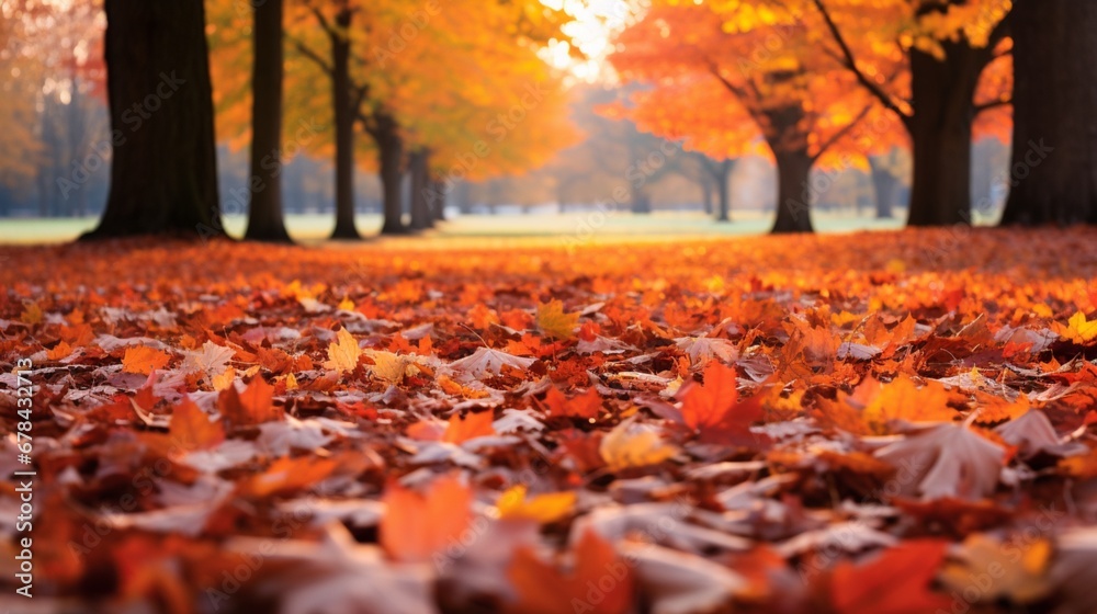 the rich and vibrant colors of autumn foliage in a park, with leaves gracefully falling to the ground, forming a captivating and high-quality natural background.