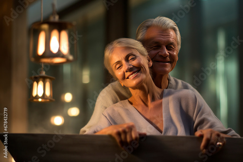 Happy senior couple in love romantic evening, celebrating anniversary. Romantic evening with cozy Interior. Generative AI content