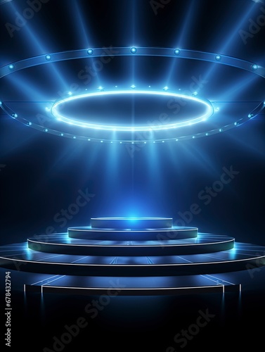 Round podium illuminated by searchlights, COPY SPACE, generative ai photo