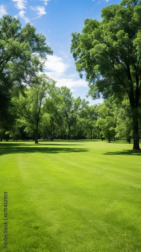 a serene green lawn surrounded by tall trees, with ample copy space in the clear sky above. The image conveys a sense of tranquility and the beauty of nature. a serene green lawn surrounded by tall trees, with ample copy space in the clear sky above. The image conveys a sense of tranquility and the beauty of nature.